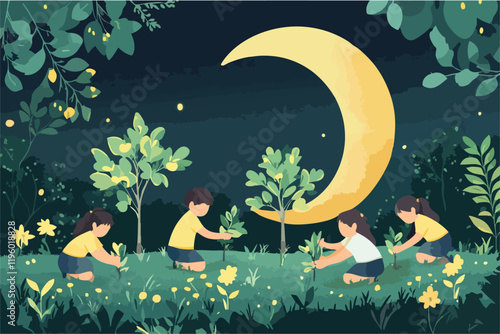 vector of a group of children planting trees in a park