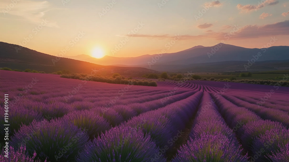 Stunning Lavender Fields at Sunset with Vibrant Purple Rows and Golden Hour Tranquility in a Picturesque Landscape
Stunning Lavender Fields at Sunset with Vibrant Purple Rows and Golden Hour Tranquility in a Picturesque Landscape