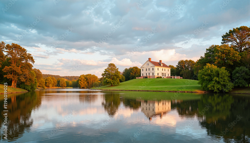 Obraz premium Historic mansion reflected in serene lake at sunset