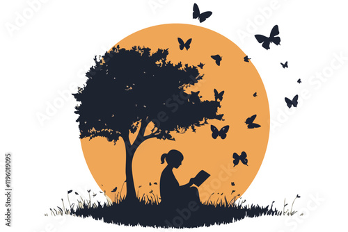 ector of a person reading under a tree, surrounded by butterflies