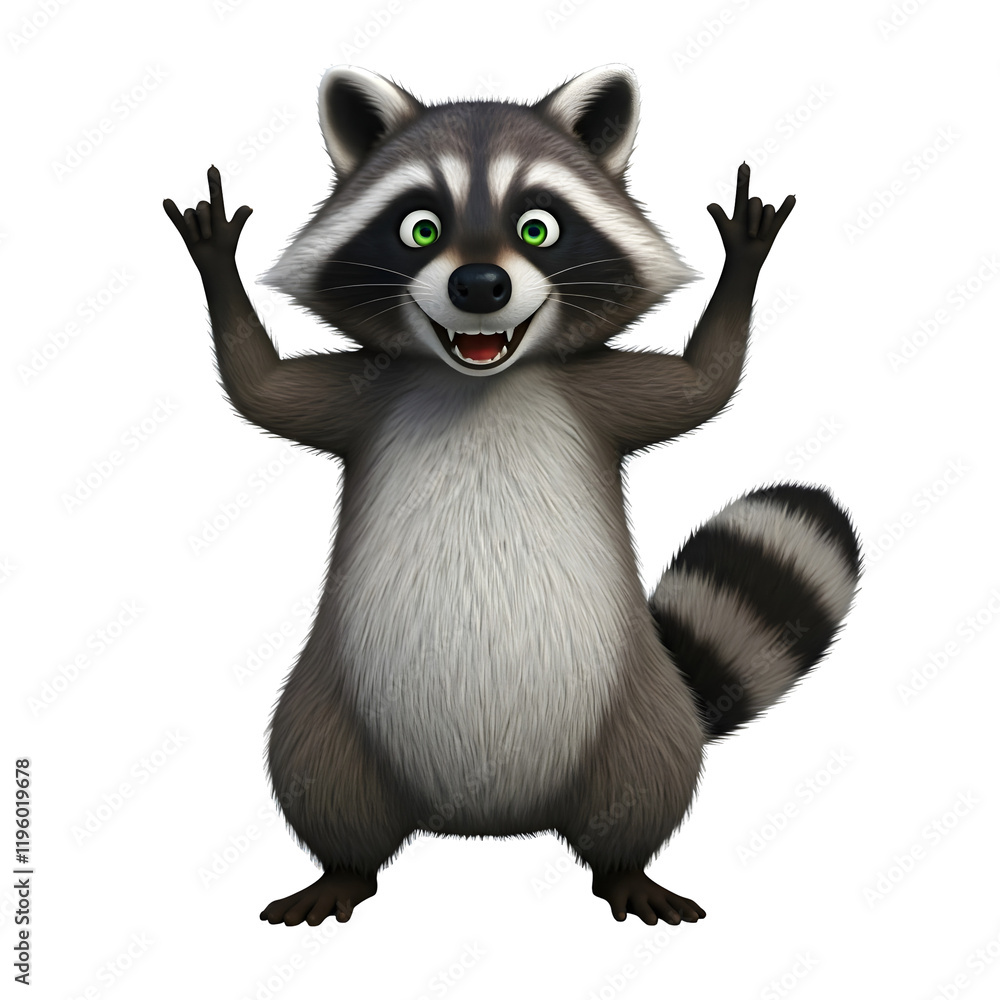 Obraz premium A 3D illustration of a cheerful raccoon standing on two legs, smiling with wide eyes, and raising both hands in a playful gesture. Transparent background