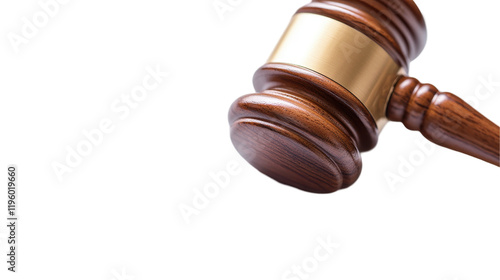 An iconic judge's gavel on a wooden desk highlighting justice. transparent background photo