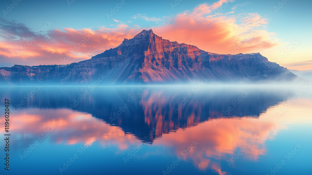 Fototapeta premium Volcanic Mountain Reflection in Calm Lake at Morning Light Serene Nature Photography
