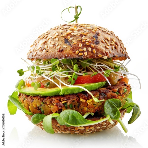 A gourmet veggie burger with avocado, sprouts, and a multigrain bun