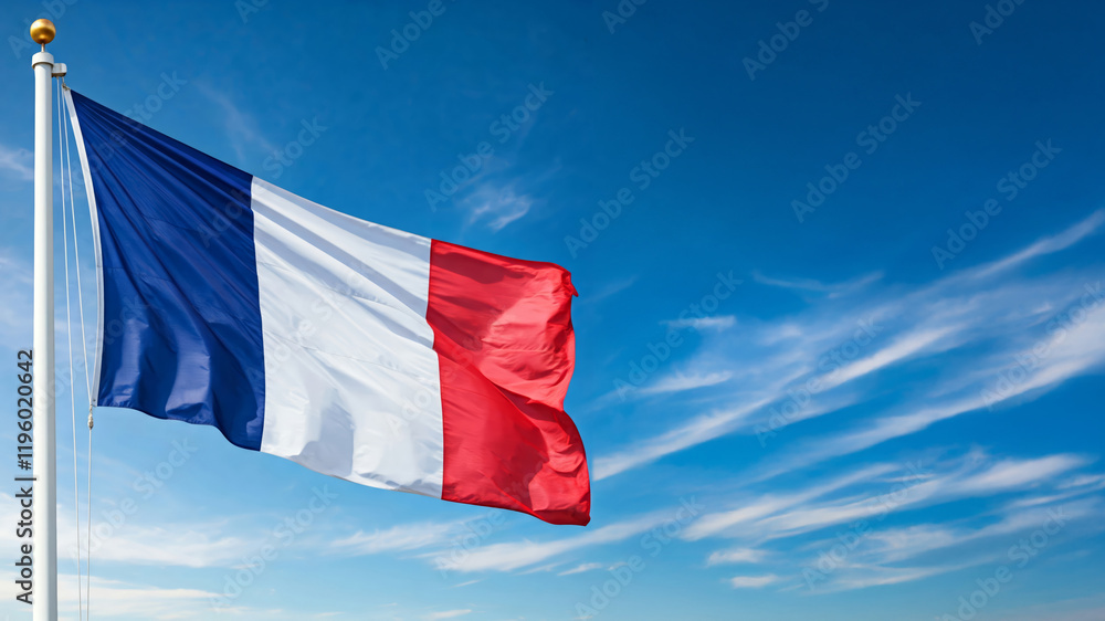 Naklejka premium national flag of France waving against blue sky, official flag of the nation, blowing in the wind 
