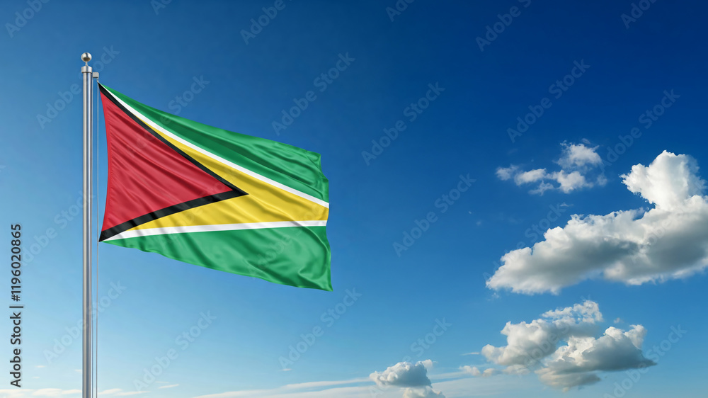 national flag of Guyana waving against blue sky, official flag of the nation, blowing in the wind
national flag of Guyana waving against blue sky, official flag of the nation, blowing in the wind