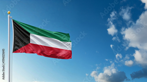national flag of Kuwait waving against blue sky, official flag of the nation, blowing in the wind
