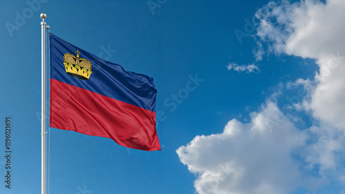 national flag of liechtenstein waving against blue sky, official flag of the nation, blowing in the wind
