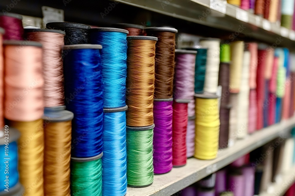 Colorful spools of thread arranged on shelves in a textile factory Colorful spools of thread arranged on shelves in a textile factory