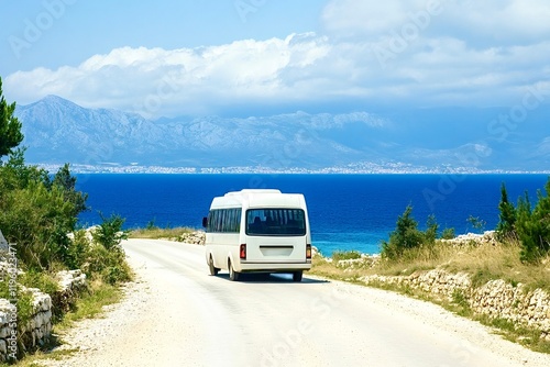White minibus traveling on coastal road in croatia, island of pag