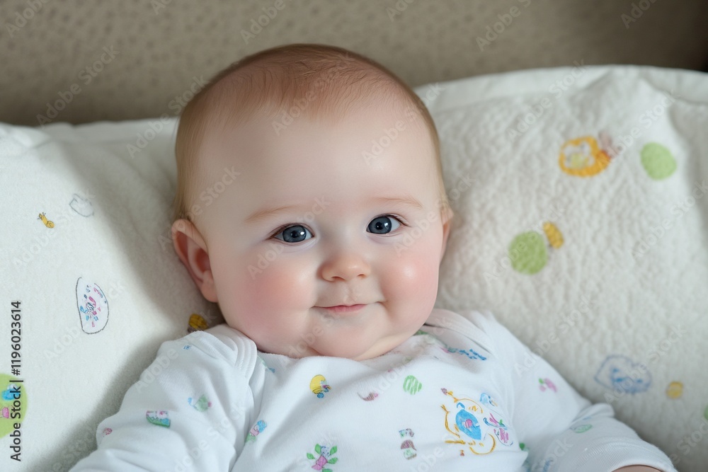 Happy baby girl lying on pillows, home interior Happy baby girl lying on pillows, home interior