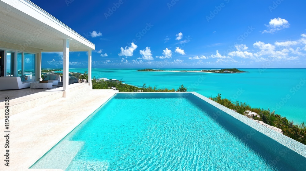 Fototapeta premium A modern luxury beachfront villa with infinity pool overlooking turquoise waters.