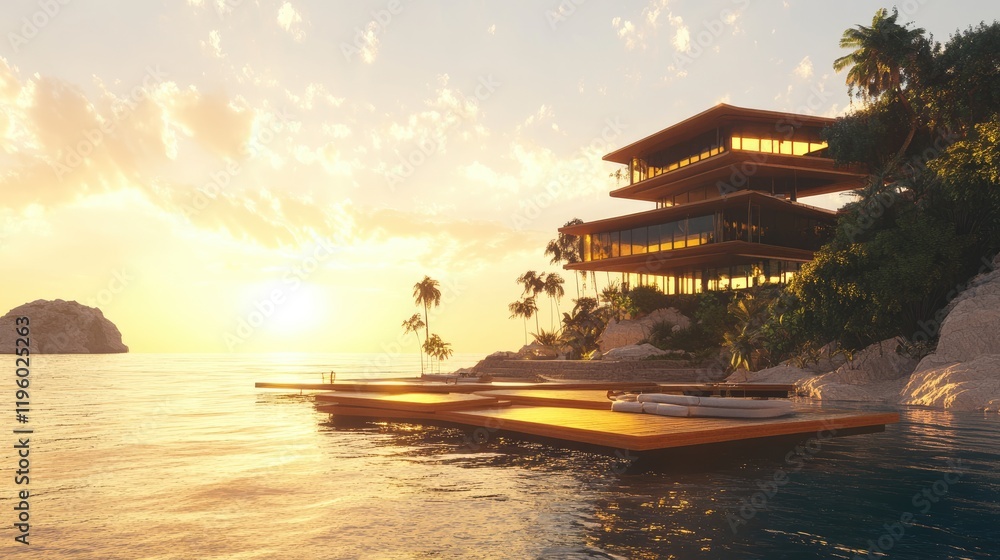 Obraz premium Beachfront villa with tropical landscaping and floating walkways.