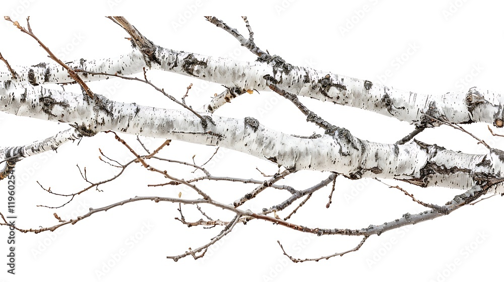 A cluster of birch tree branches with white bark, isolated on a white background A cluster of birch tree branches with white bark, isolated on a white background