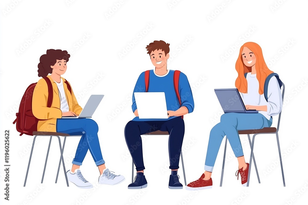 Students collaborate on laptops, classroom study group Students collaborate on laptops, classroom study group