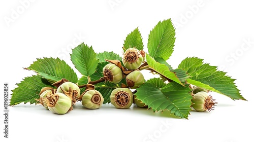 A horse chestnut tree with palmate leaves and prickly husks isolated on white background photo