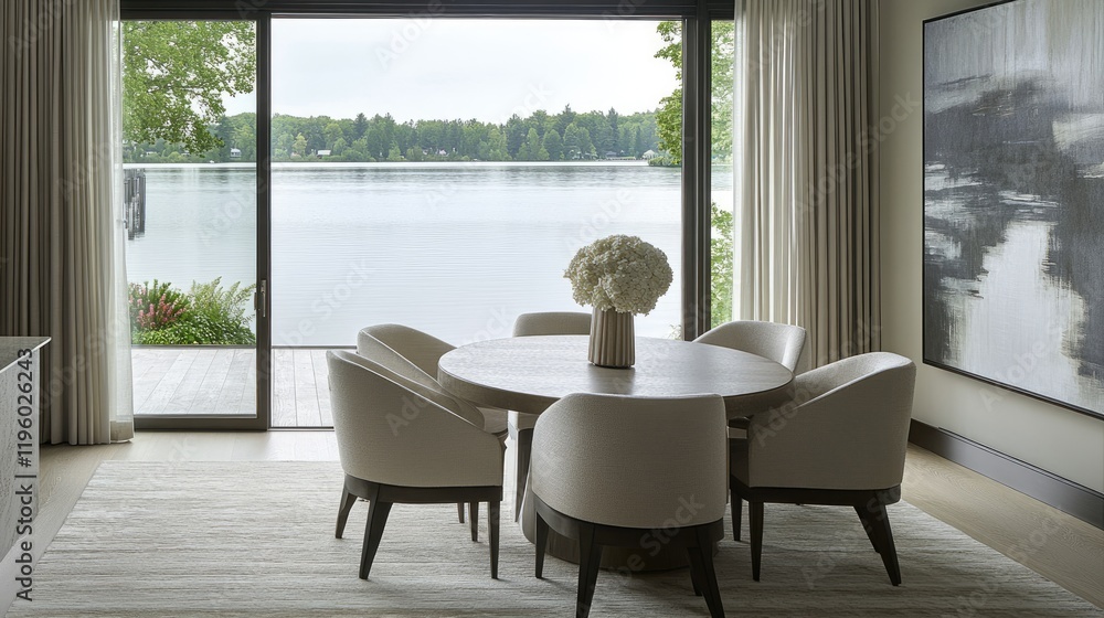 Fototapeta premium Contemporary dining area with a neutral color palette and expansive lake views through glass doors.