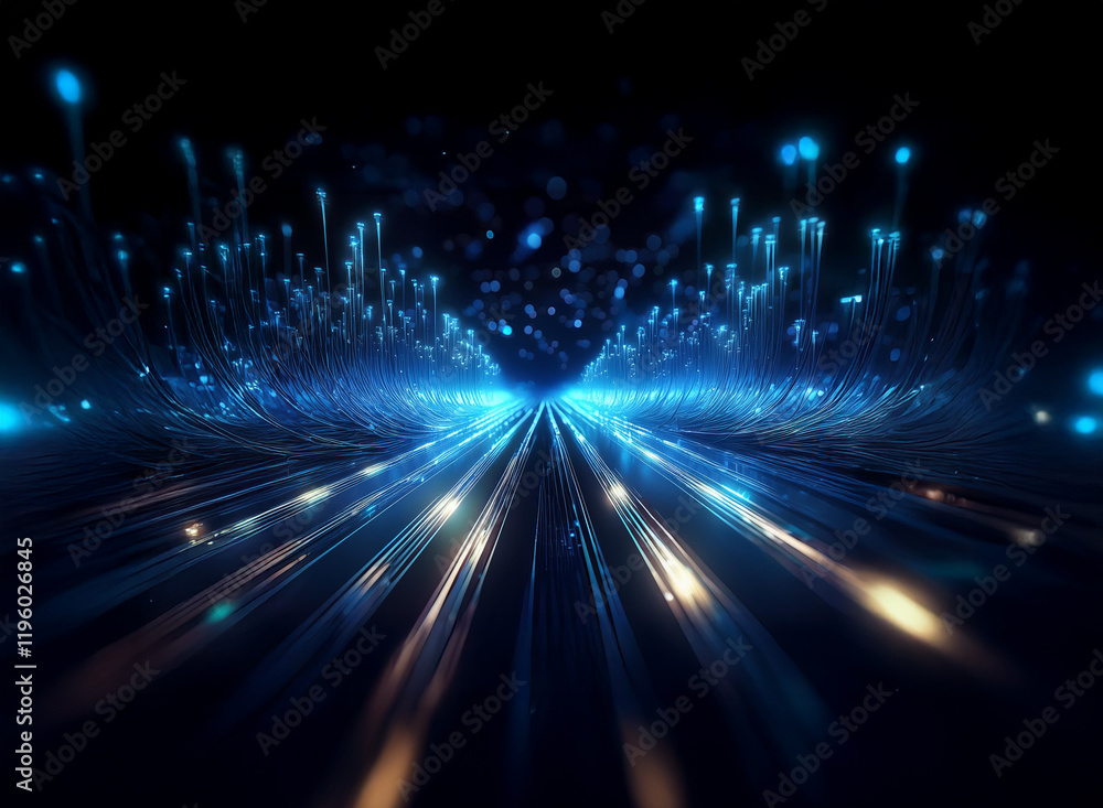 Fototapeta premium Abstract digital artwork depicting a futuristic highway of light streaks, glowing blue and white, converging into a vanishing point. The scene is dark, emphasizing the vibrant light trails.
