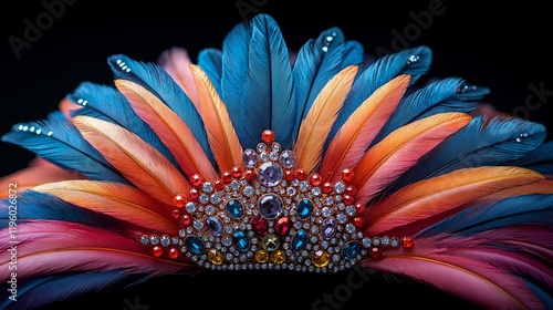 Bright feathered carnival headpiece with intricate details. Mardi Gras and festive celebration concept