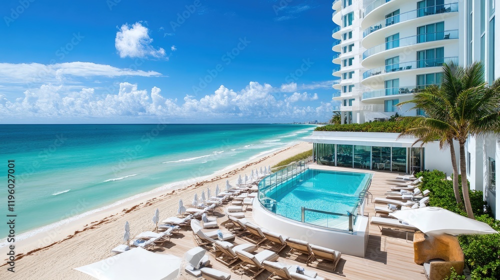 Fototapeta premium Elegant beachfront property with sleek furniture and a glass-enclosed pool.