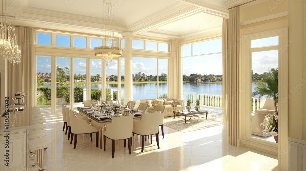 Elegant dining area with neutral tones, designer furniture, and panoramic views of a serene lake. Elegant dining area with neutral tones, designer furniture, and panoramic views of a serene lake.
