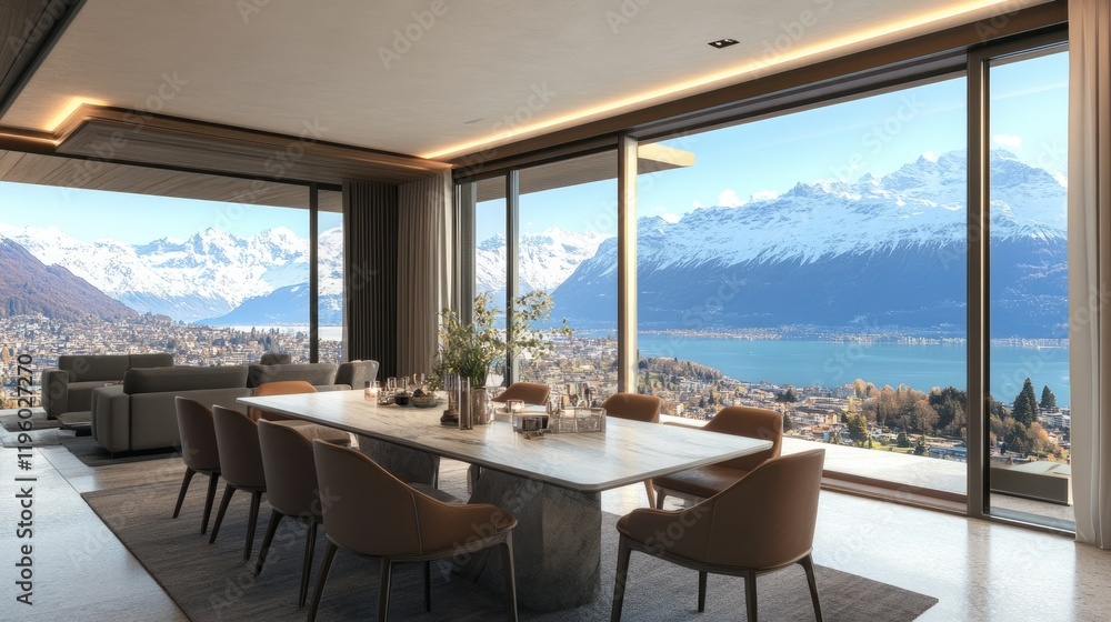 Elegant dining space with a modern table, designer chairs, and a breathtaking lake landscape. Elegant dining space with a modern table, designer chairs, and a breathtaking lake landscape.