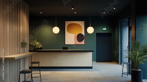 Wallpaper Mural Elegant interior featuring green walls, gold accents, and a modern chandelier glowing at night. Torontodigital.ca