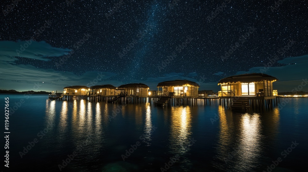 Fishing huts illuminated by string lights under a starry night sky. Fishing huts illuminated by string lights under a starry night sky.