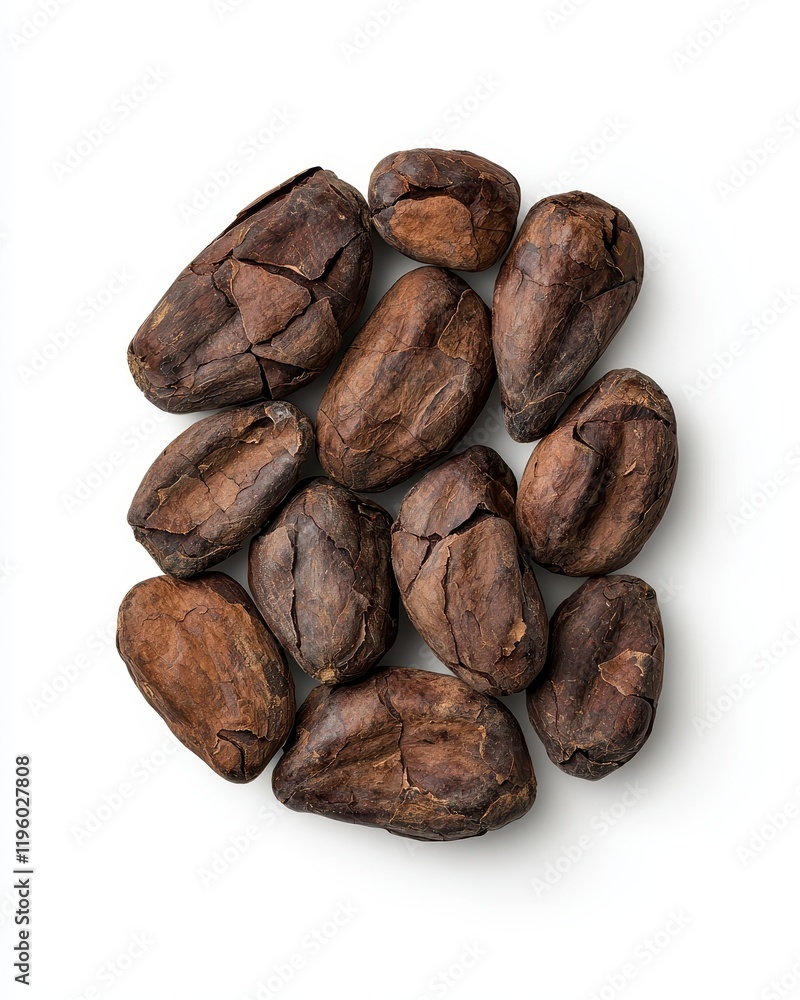Fototapeta premium Natural cacao beans, arranged on a white isolate background.