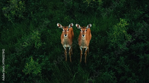 Two antelopes in a green savanna, facing forward, aerial view. Possible use Stock photo for wildlife, nature, ecology, travel, or conservation photo