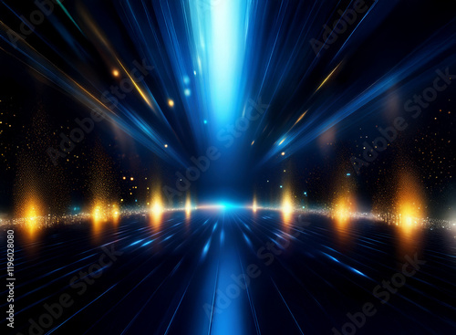Abstract digital art depicting a futuristic, high-speed tunnel of light and energy.  Streaks of blue and orange light radiate from a central point, creating a sense of movement and speed.