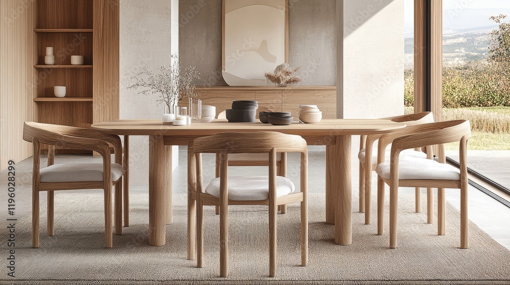 Interior mockup featuring a clean dining room with sleek wooden chairs and a Scandinavian design. Interior mockup featuring a clean dining room with sleek wooden chairs and a Scandinavian design.