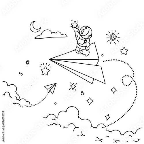 Astronaut flying a paper airplane through a whimsical space landscape filled with stars and clouds