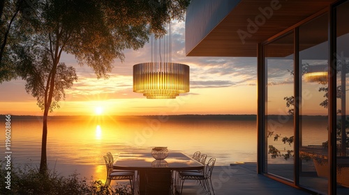 Luxury dining room with a modern chandelier and landscape views of a peaceful lake at sunset.