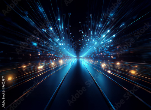 A mesmerizing digital artwork depicting a futuristic highway at night.  Bright blue energy streaks radiate from a vanishing point, creating a sense of speed and movement.  Warm lights line the sides o photo