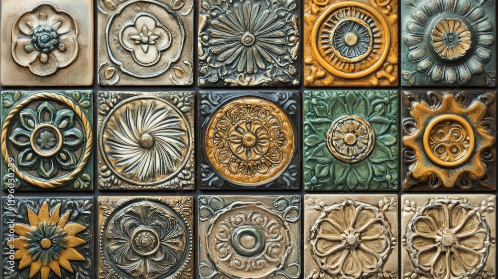 A collection of handmade ceramic tiles with intricate hand-painted designs. A collection of handmade ceramic tiles with intricate hand-painted designs.