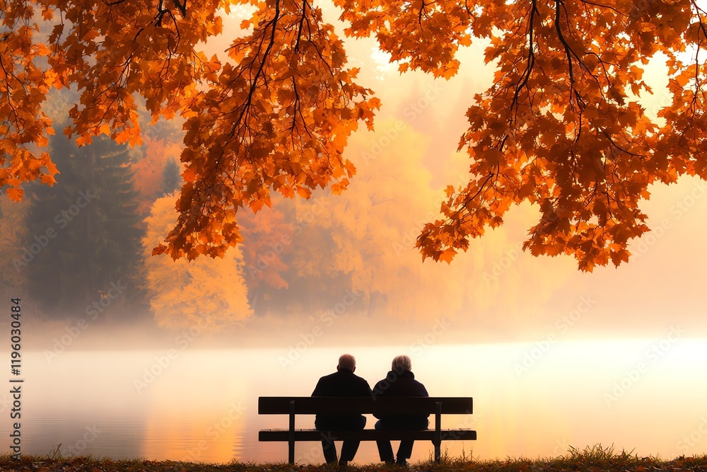 Couple enjoying peaceful autumn lake view. Couple enjoying peaceful autumn lake view.