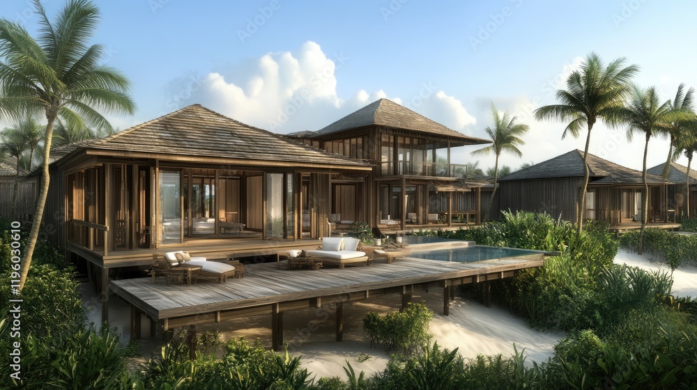 Fototapeta premium Open-concept beachfront villa with wooden accents and a lush tropical garden.