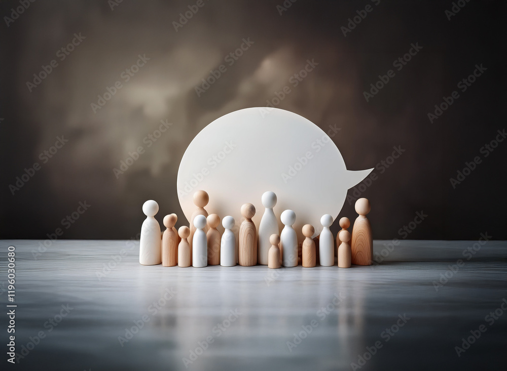 Wooden figures stand before a large speech bubble against a smoky backdrop, symbolizing collective voice and communication. Wooden figures stand before a large speech bubble against a smoky backdrop, symbolizing collective voice and communication.
