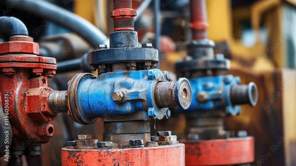 A detailed close-up of a hydraulic system in heavy machinery. A detailed close-up of a hydraulic system in heavy machinery.
