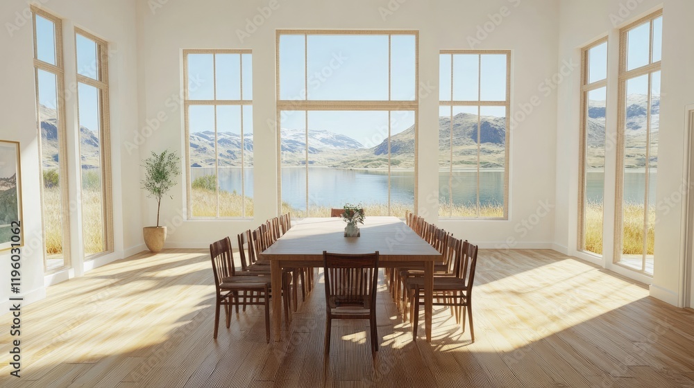 Fototapeta premium Scenic dining room with a minimalist aesthetic, large windows, and a stunning lake and mountain view.