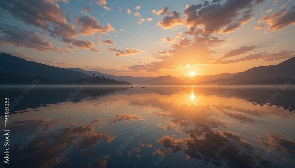 Serene Sunset Over Calm Lake Mountainscape Serene Sunset Over Calm Lake Mountainscape