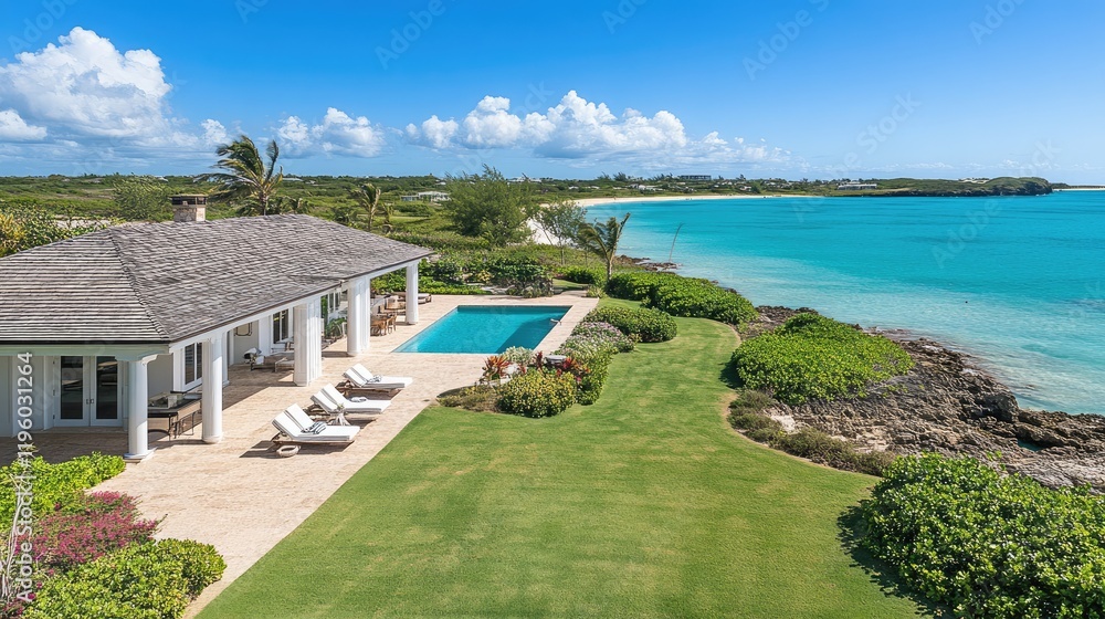 Obraz premium Sophisticated beachfront villa with minimalist architecture and blue skies.