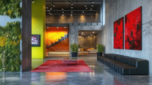 Spacious D-rendered interior with green walls, modern artwork, and night lighting.