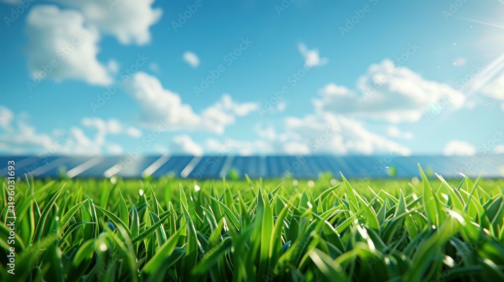 Fototapeta premium Lush green grass under a bright blue sky with sunlight illuminating the serene landscape