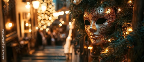  Grand wooden staircase decorated with lush greenery and fairy lights, masks hanging from banister, blurred background of cozy, dimly lit masquerade gathering below, evoking mystery and elegance. photo