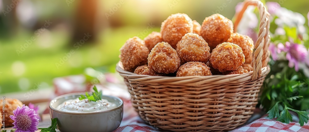 Basket of golden fried snacks with creamy dip on outdoor table. Surrounded by blooming flowers, picnic setup highlights fresh ingredients, crisp texture, and vibrant spring ambiance. Basket of golden fried snacks with creamy dip on outdoor table. Surrounded by blooming flowers, picnic setup highlights fresh ingredients, crisp texture, and vibrant spring ambiance.