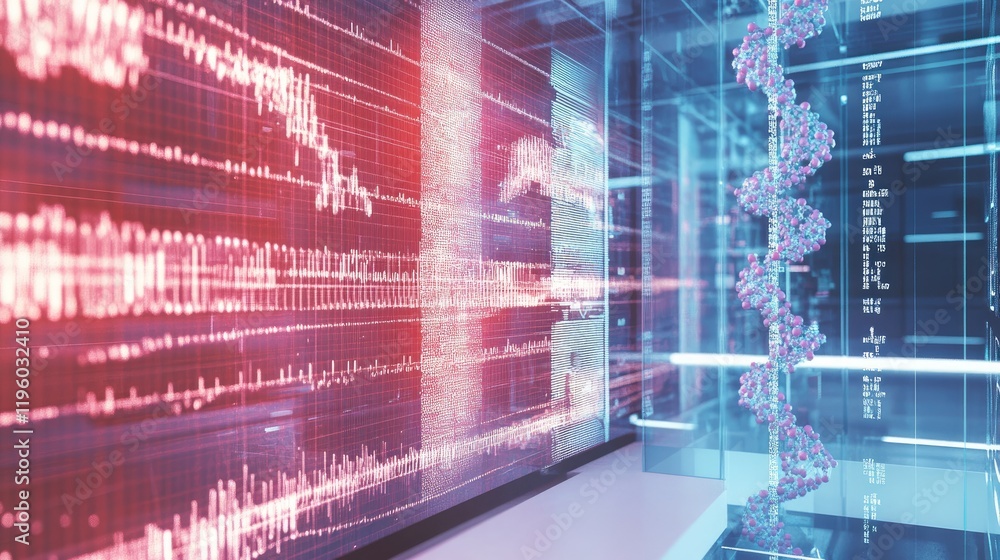 A futuristic holographic display showing molecular research in an RD setting. A futuristic holographic display showing molecular research in an RD setting.