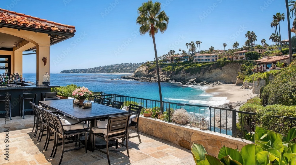 Ultra-modern beachfront villa with outdoor dining area and bar. Ultra-modern beachfront villa with outdoor dining area and bar.