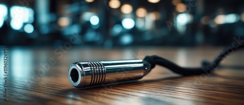  Close-up of classic silver metal whistle with black cord resting on wooden surface, blurred gym setting in background, representing sports, fitness, and coaching essentials. photo